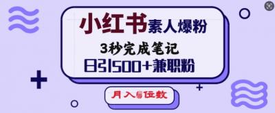 小红书素人爆粉,3秒完成笔记,日引500+兼职粉,月入5位数