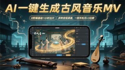 AI一键生成古风音乐MV，0剪辑基础1小时出片，多种变现渠道，一部手机月入5位数