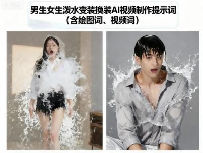 男生女生泼水变装换装AI视频制作提示词(含绘图词、视频词)