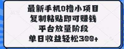 最新手机0撸小项目，复制粘贴即可挣钱，平台放量阶段，单日收益轻松3张+【揭秘】