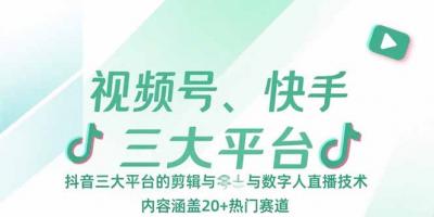 视频号、快手、抖音三大平台的剪辑与数字人直播技术，内容涵盖20+热门赛道