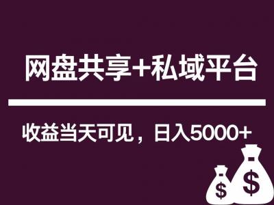 新用户推荐网盘共享+私域平台，无需粉丝即可轻松起号，收益当天可见，单日已破5000+