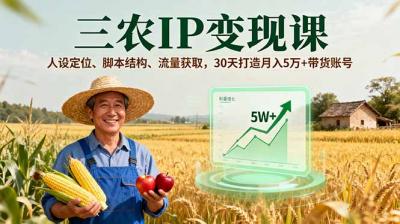 三农IP变现课，人设定位、脚本结构、流量获取，30天打造月入5万+带货账号