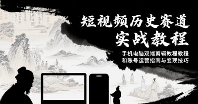 短视频历史赛道实战教程，手机电脑双端剪辑教程和账号运营指南与变现技巧