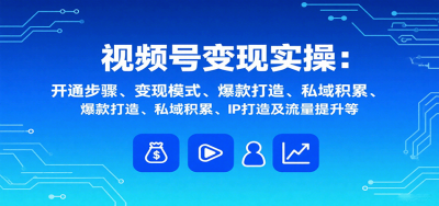 视频号变现实操，含开通步骤、变现模式、爆款打造、私域积累、IP打造及流量提升等