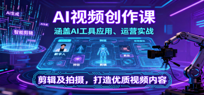 AI视频创作课，涵盖AI工具应用、运营实战、剪辑及拍摄，打造优质视频内容