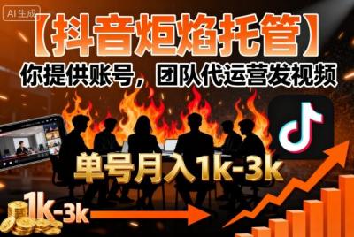 【抖音炬焰托管】你提供账号，团队代运营发视频，单号月入1k+【揭秘】