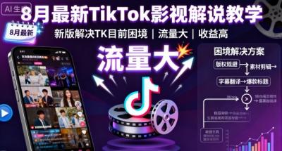 8月最新TikTok影视解说教学,新版解决TK目前困境,流量大,收益高