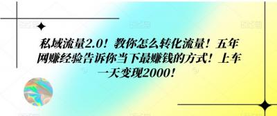 私域流量2.0!教你怎么转化流量!五年网赚经验告诉你当下最赚钱的方式!上车一天变现2000!