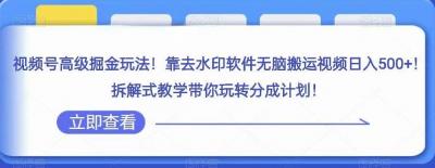 视频号高级掘金玩法，靠去水印软件无脑搬运视频日入500+，拆解式教学带你玩转分成计划【揭秘】