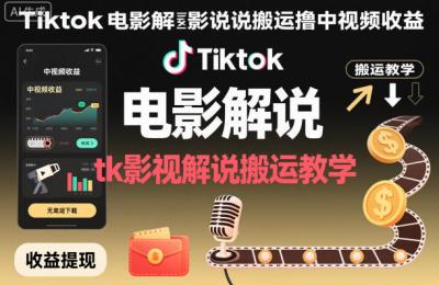 Tiktok电影解说搬运撸中视频收益,tk影视解说搬运教学