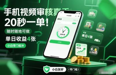 手机视频审核真香!20秒一单,随时随地可做,单日收益4张,小白零门槛冲【揭秘】