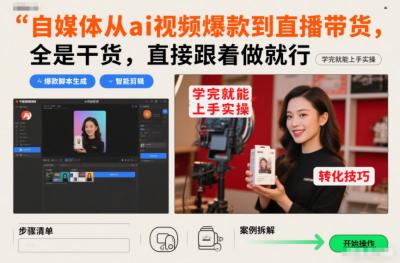 自媒体从ai视频爆款到直播带货，全是干货，直接跟着做就行，学完就能上手实操