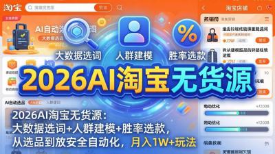 2026AI淘宝无货源：大数据选词+人群建模+胜率选款，从选品到放大全自动化，月入1W+玩法