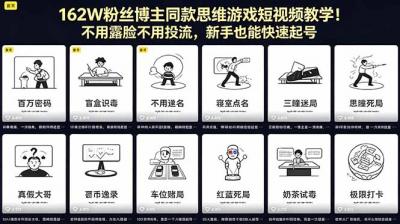162W粉丝博主同款思维游戏短视频教学!不用露脸不用投流,新手也能快速起号