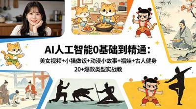 AI人工智能0基础到精通:美女视频+小猫做饭+动漫小故事+福娃+古人健身,20+爆款类型实战教学