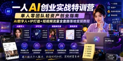 一人AI创业实战特训营,单人零团队轻资产创业指南,AI数字人+IP打造+短视频流量全套路落地变现教程