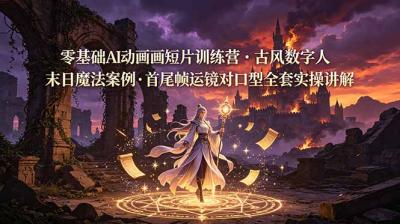 零基础AI动画短片训练营,古风数字人末日魔法案例,首尾帧运镜对口型全套实操讲解