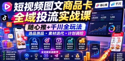 短视频图文商品卡全域投流实战课,随心推+千川全玩法,选品测品・素材迭代・计划调控,提升ROI爆单增收教程