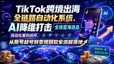 TikTok跨境出海全链路自动化系统，AI降维打击全球蓝海选品自动化套利闭环，从账号起号到变现回款全流程落地(2026年7月)
