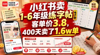 小红书卖1-6年级练字帖(电子版),客单价3.8,400天卖了1.6w单