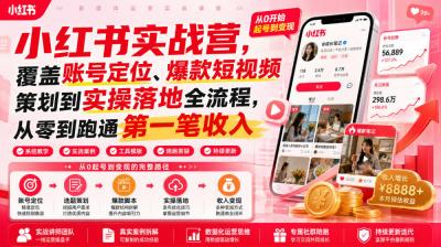 小红书实战营,覆盖账号定位、爆款短视频策划到实操落地全流程,从零到跑通第一笔收入