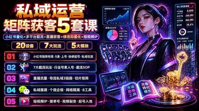 私域运营矩阵获客5套课:小红书量化×多平台截流×直播获客×绿泡泡量化×短视频IP×20设备×7大玩法
