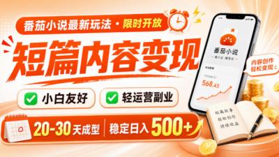 番茄小说最新短篇玩法,稳定日入500+!副业必看,小白可玩,限时开放【揭秘】