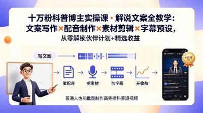 10万粉科普博主实操课-解说文案全教学:文案写作×配音制作×素材剪辑×字幕预设,从零解锁伙伴计划+精选收益