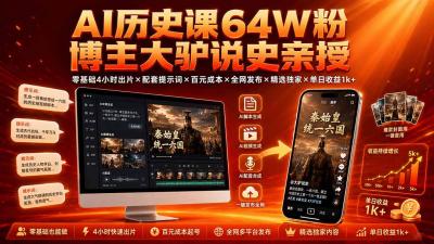 AI历史课64W粉博主大驴说史亲授:零基础4小时出片×配套提示词×百元成本×全网发布×精选独家×单日收益1k+