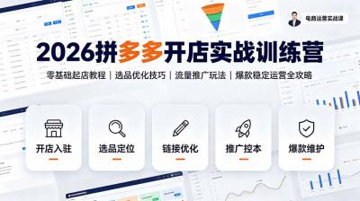 2026拼多多开店实战训练营:零基础起店教程|选品优化技巧|流量推广玩法|爆款稳定运营全攻略