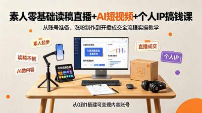 素人零基础读稿直播+AI短视频+个人IP搞钱课,从账号准备、涨粉制作到开播成交全流程实操教学