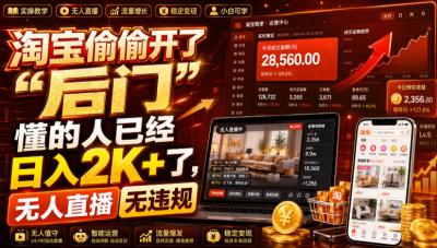 淘宝偷偷开了“后门”,懂的人已经日入2K+了,无人直播无违规,一台电脑=一家24小时营业的线上门店【揭秘】