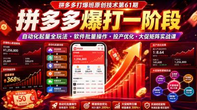 拼多多打爆班原创技术第61期,拼多多爆打一阶段,自动化起量全玩法・软件批量操作・投产优化・大促矩阵实战课
