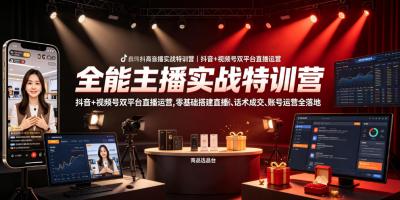 全能主播实战特训营|抖音+视频号双平台直播运营,零基础搭建直播间、精准选品、话术成交、账号运营全落地