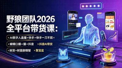 野狼团队2026全平台带货课-7月:AI数字人直播×快手一刀不剪×蝴蝶口播×抖音AI带货×树苗剧情智剪×聚宝盆