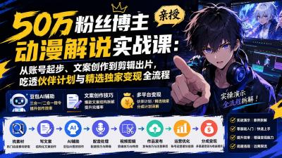 50万粉丝博主亲授动漫解说实战课:从账号起步、文案创作到剪辑出片,吃透伙伴计划与精选独家变现全流程