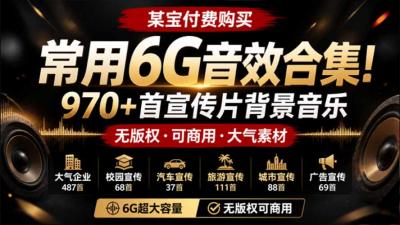 某宝付费购买，常用6G音效合集！970+首宣传片背景音乐，无版权可商用大气素材，分类清晰，高质量内容