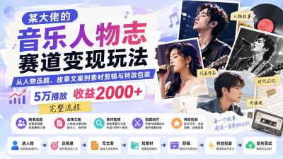 某大佬的音乐人物志赛道变现玩法:从人物选题、故事文案到素材剪辑与特效包装,5万播放收益2000+完整流程