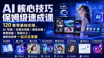 AI核心技巧保姆级速成课｜120集零基础实操，AI写真/生图生视频/趣味动画/修图排版/智能办公/爆款短视频一站式全掌握(更新)