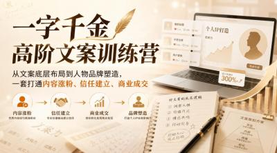 一字千金高阶文案训练营，从文案底层布局到人物品牌塑造，一套打通内容涨粉、信任建立、商业成交