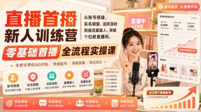 直播首播新人训练营|从账号搭建、实名橱窗、活跃涨粉到接流量留人、突破个位数直播间,零基础首播全流程实操课