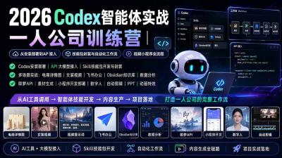 2026Codex智能体实战|一人公司训练营|从安装部署到API接入|技能包封装与自动化工作流|视频小程序全流程