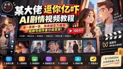 某大佬逗你亿吓AI低模剧情视频制作教程:发一条爆一条,条条破百万播放,利用视频号创作者分成变现!