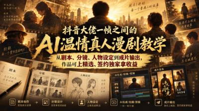 抖音大佬一帧之间的AI温情真人漫剧教学,从剧本、分镜、人物设定到成片输出,作品可上精选、签约独家拿收益