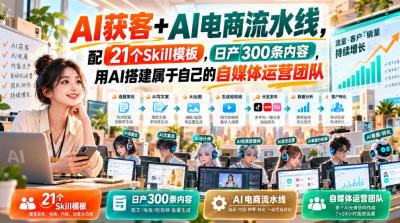 AI获客+AI电商流水线,配21个Skill模板,日产300条内容,用AI搭建属于自己的自媒体运营团队