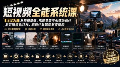短视频全能系统课-9月完整版:从拍摄基础、电影审美与AI辅助创作到剪辑调色灯光,跑通作品完整制作链路