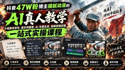 抖音47W粉博主猫腻动漫的AI真人漫剧教学,小说剧本改写、提示词推理、AI生图生成、视频剪辑封面一站式实操课程