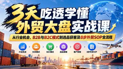 3天吃透学懂外贸大盘实战课:从行业机会、B2B与B2C模式到选品获客及8步外贸SOP全流程