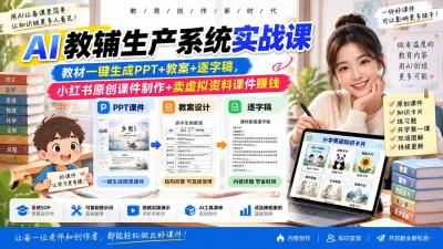 AI教辅生产系统实战课｜教材一键生成PPT+教案+逐字稿，小红书原创课件制作+卖虚拟资料课件赚钱